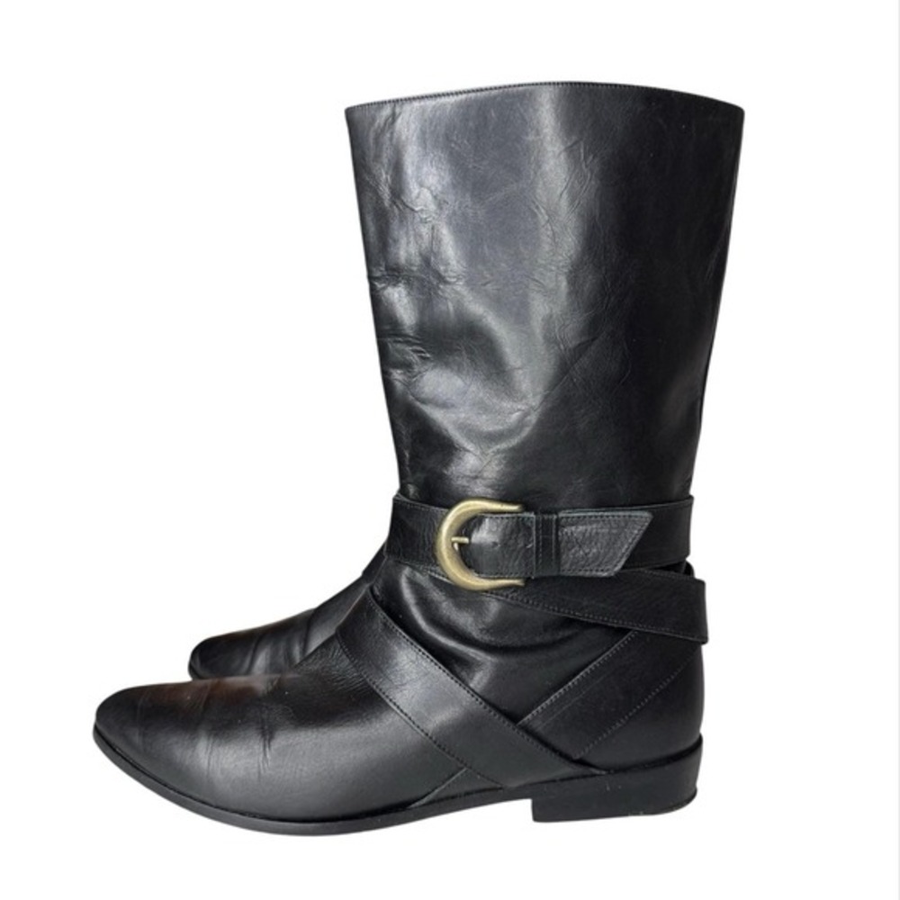 Vaneli Vintage 80s Black Leather Boots Size 8 Italy‎ Goth Buckle Mid Calf Moto